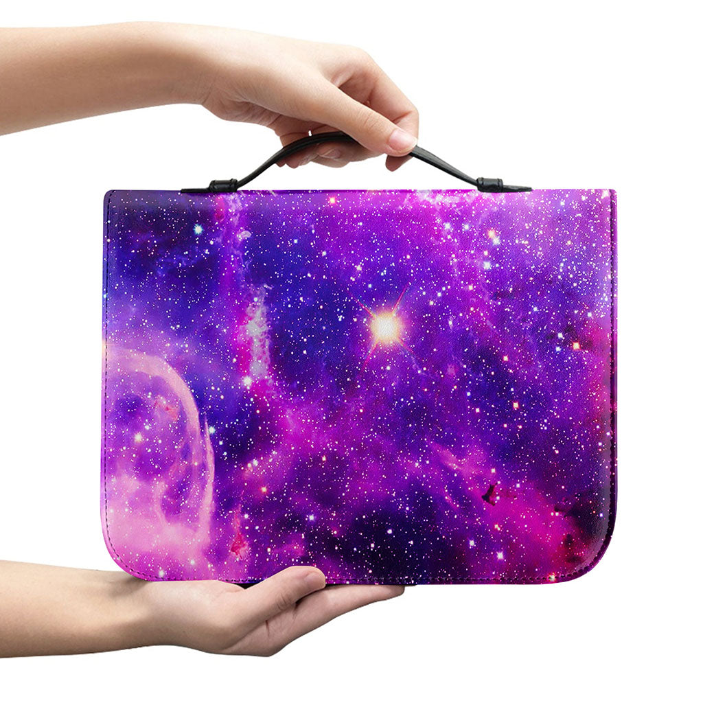 Purple Bursting Galaxy Space Print Leather Bible Cover