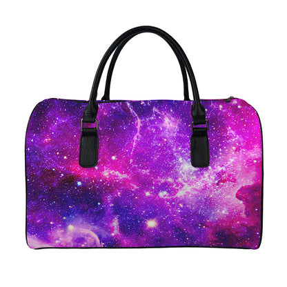 Purple Bursting Galaxy Space Print Leather Duffle Bag