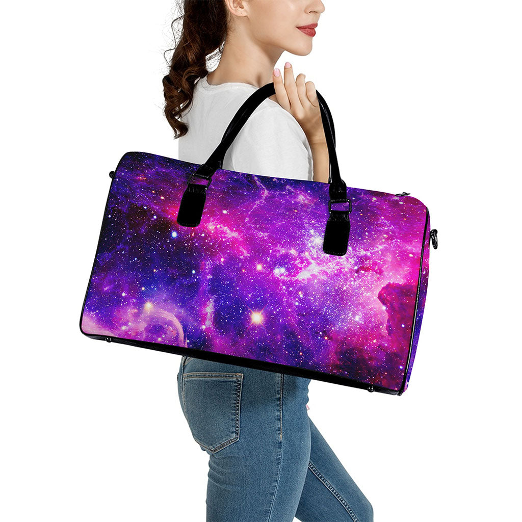 Purple Bursting Galaxy Space Print Leather Duffle Bag