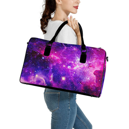 Purple Bursting Galaxy Space Print Leather Duffle Bag