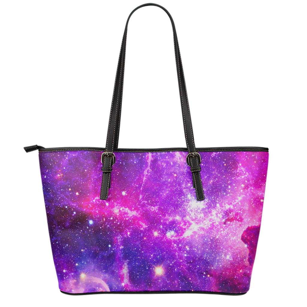 Purple Bursting Galaxy Space Print Leather Tote Bag
