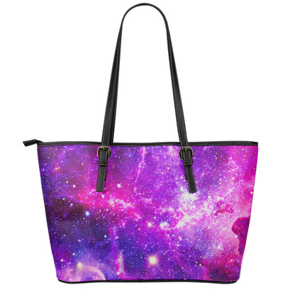 Purple Bursting Galaxy Space Print Leather Tote Bag
