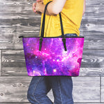 Purple Bursting Galaxy Space Print Leather Tote Bag