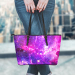 Purple Bursting Galaxy Space Print Leather Tote Bag