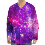 Purple Bursting Galaxy Space Print Long Sleeve Baseball Jersey