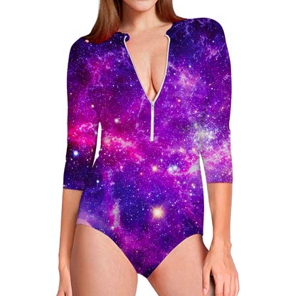 Purple Bursting Galaxy Space Print Long Sleeve Swimsuit