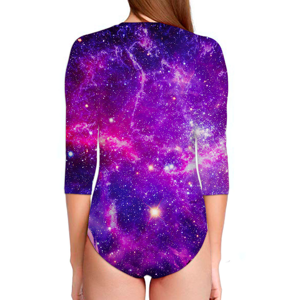 Purple Bursting Galaxy Space Print Long Sleeve Swimsuit