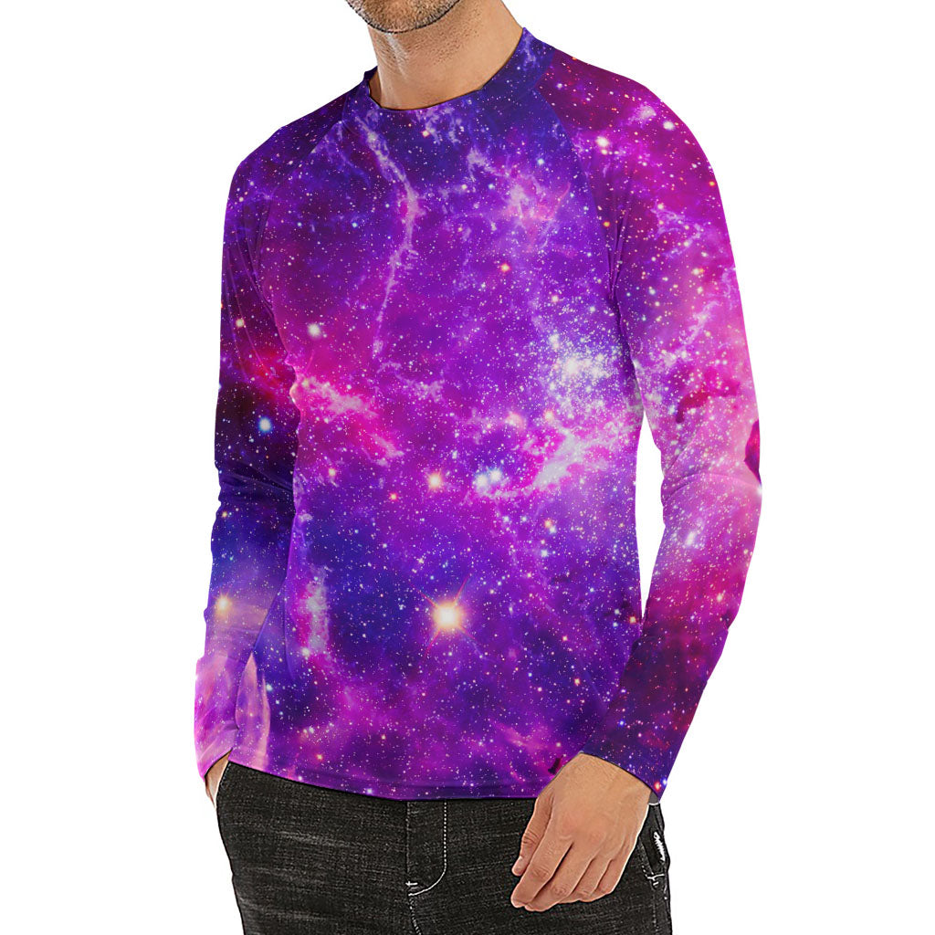 Purple Bursting Galaxy Space Print Men's Long Sleeve Rash Guard