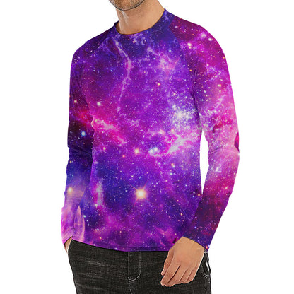 Purple Bursting Galaxy Space Print Men's Long Sleeve Rash Guard