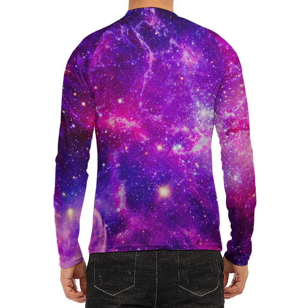 Purple Bursting Galaxy Space Print Men's Long Sleeve Rash Guard