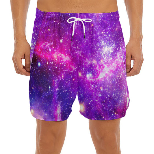 Purple Bursting Galaxy Space Print Men's Split Running Shorts