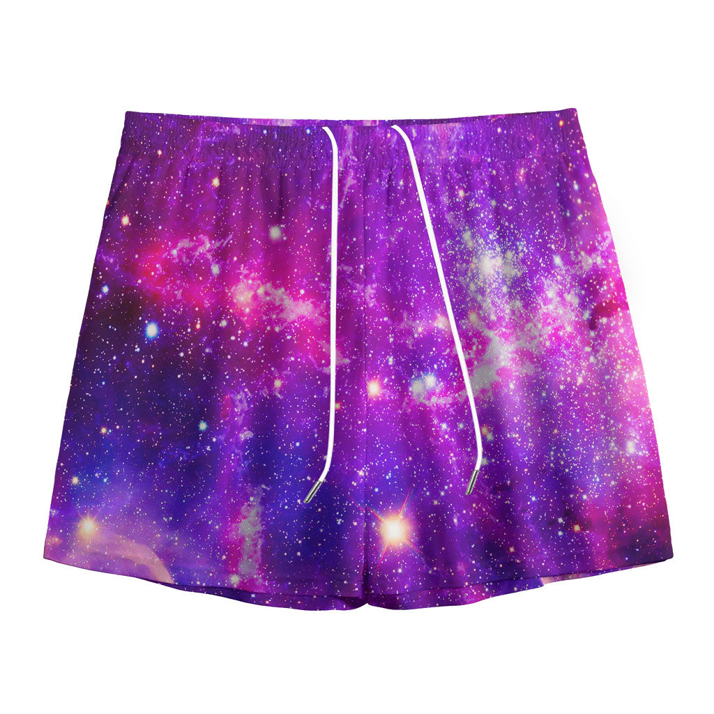 Purple Bursting Galaxy Space Print Mesh Shorts