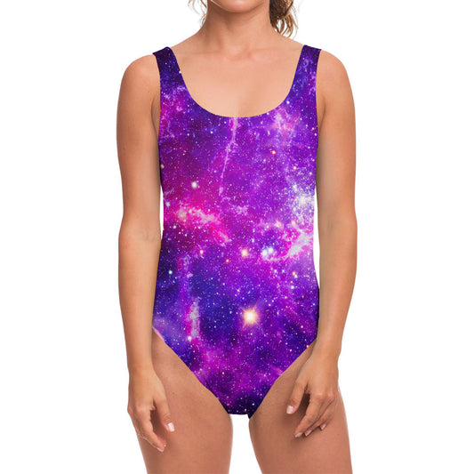 Purple Bursting Galaxy Space Print One Piece Swimsuit