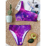 Purple Bursting Galaxy Space Print One Shoulder Bikini Top