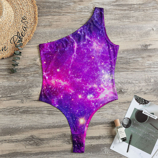 Purple Bursting Galaxy Space Print One Shoulder Bodysuit