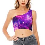 Purple Bursting Galaxy Space Print One Shoulder Crop Top