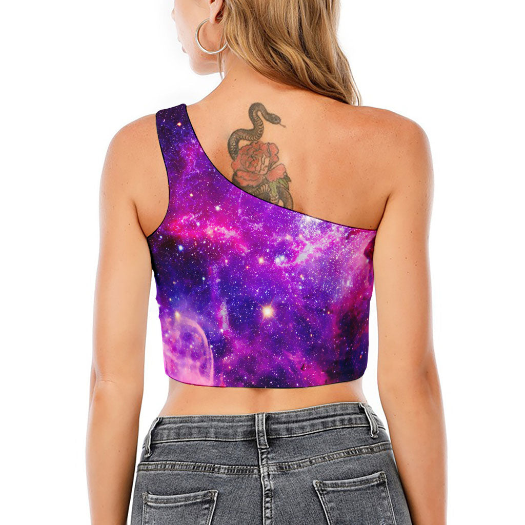 Purple Bursting Galaxy Space Print One Shoulder Crop Top
