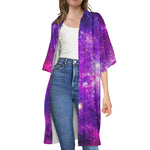 Purple Bursting Galaxy Space Print Open Front Beach Cover Up