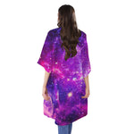 Purple Bursting Galaxy Space Print Open Front Beach Cover Up