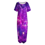 Purple Bursting Galaxy Space Print Short Sleeve Long Nightdress