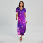 Purple Bursting Galaxy Space Print Short Sleeve Maxi Dress