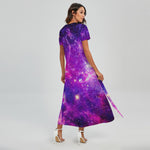 Purple Bursting Galaxy Space Print Short Sleeve Maxi Dress