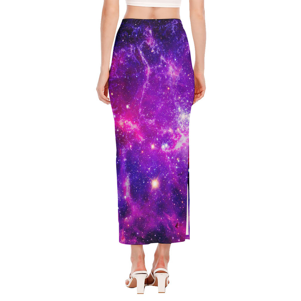 Purple Bursting Galaxy Space Print Side Slit Maxi Skirt