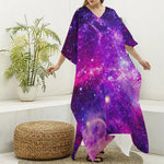 Purple Bursting Galaxy Space Print Silk V-Neck Kaftan Dress