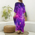 Purple Bursting Galaxy Space Print Silk V-Neck Kaftan Dress