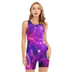 Purple Bursting Galaxy Space Print Sleeveless One Piece Swimsuit