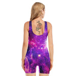 Purple Bursting Galaxy Space Print Sleeveless One Piece Swimsuit