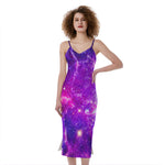 Purple Bursting Galaxy Space Print Slim Fit Midi Cami Dress