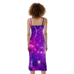 Purple Bursting Galaxy Space Print Slim Fit Midi Cami Dress