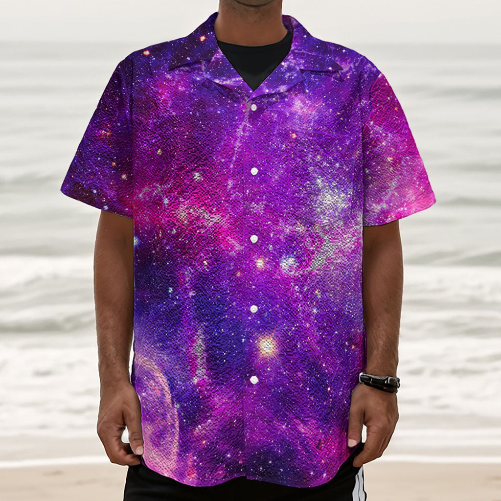 Purple Bursting Galaxy Space Print Textured Short Sleeve Shirt
