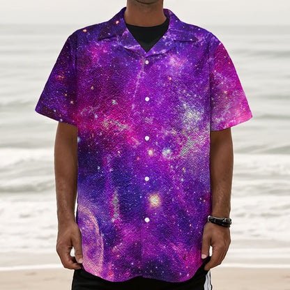 Purple Bursting Galaxy Space Print Textured Short Sleeve Shirt