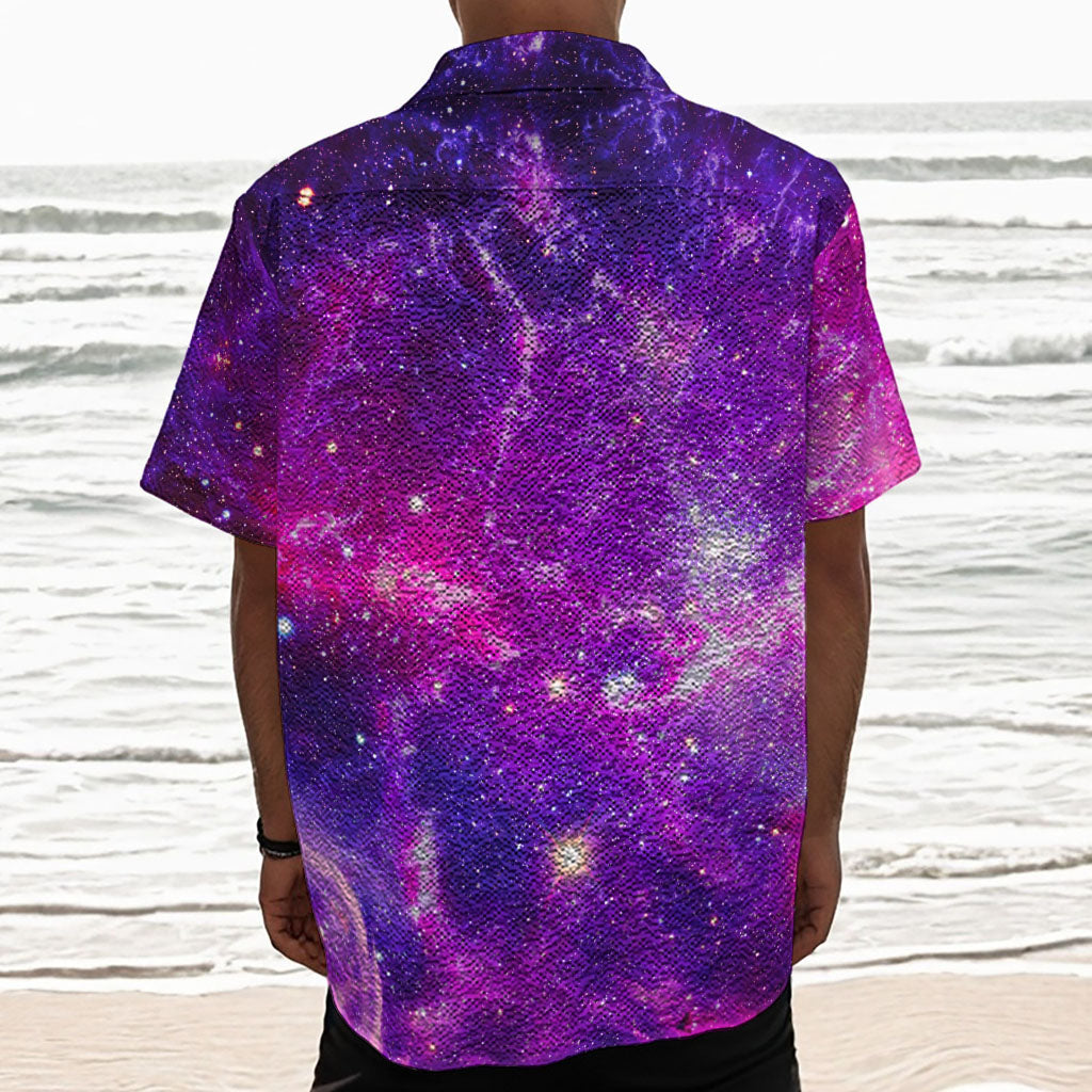 Purple Bursting Galaxy Space Print Textured Short Sleeve Shirt