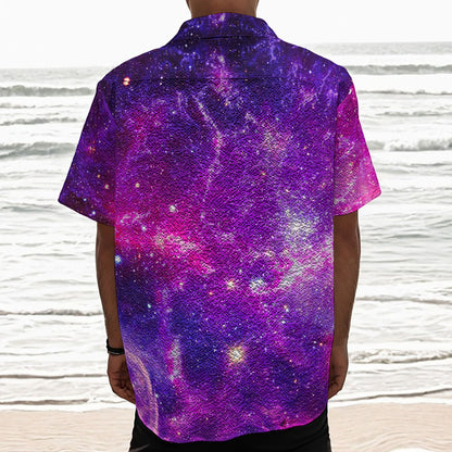Purple Bursting Galaxy Space Print Textured Short Sleeve Shirt
