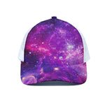 Purple Bursting Galaxy Space Print White Mesh Trucker Cap