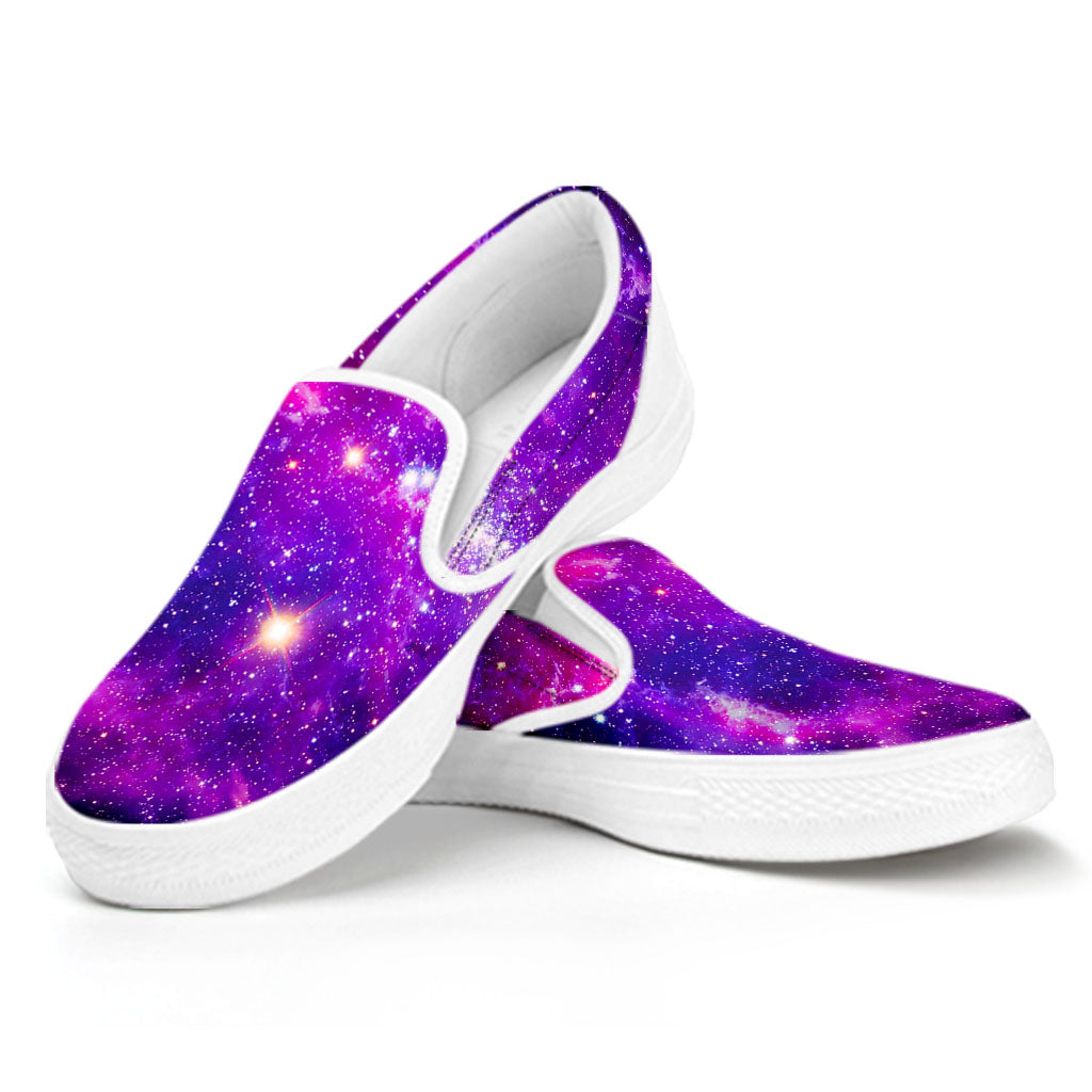 Purple Bursting Galaxy Space Print White Slip On Sneakers