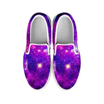 Purple Bursting Galaxy Space Print White Slip On Sneakers