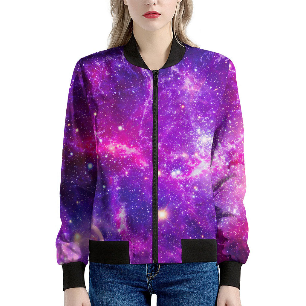 Purple Bursting Galaxy Space Print Women's Bomber Jacket
