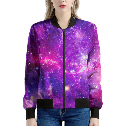 Purple Bursting Galaxy Space Print Women's Bomber Jacket