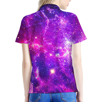 Purple Bursting Galaxy Space Print Women's Polo Shirt