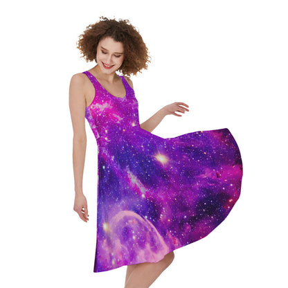 Purple Bursting Galaxy Space Print Women's Sleeveless Dress
