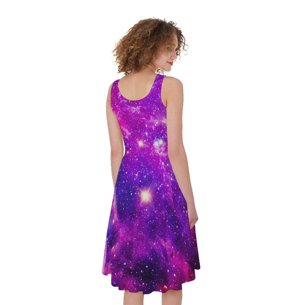 Purple Bursting Galaxy Space Print Women's Sleeveless Dress