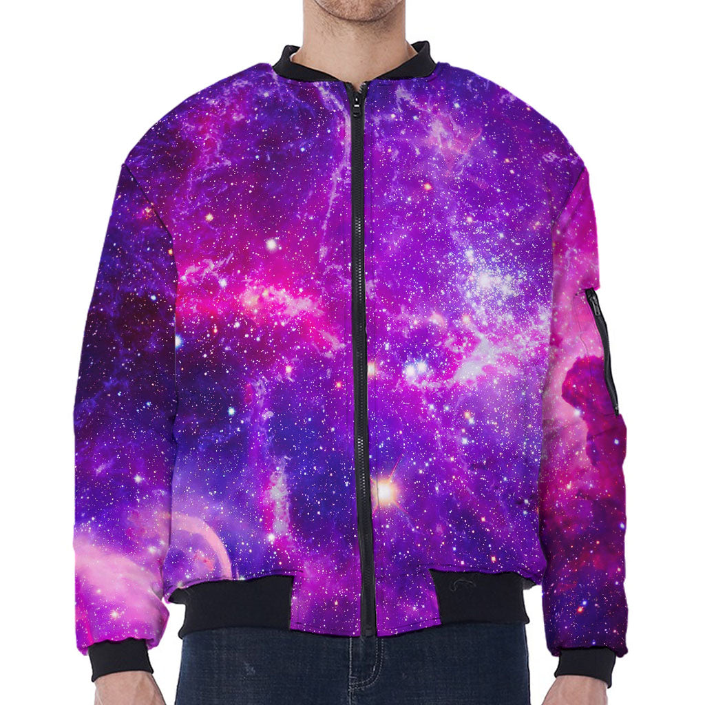 Purple Bursting Galaxy Space Print Zip Sleeve Bomber Jacket