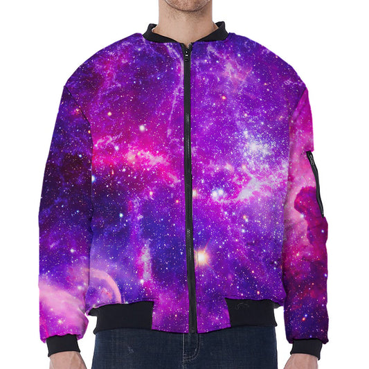 Purple Bursting Galaxy Space Print Zip Sleeve Bomber Jacket