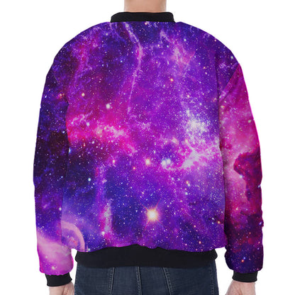 Purple Bursting Galaxy Space Print Zip Sleeve Bomber Jacket