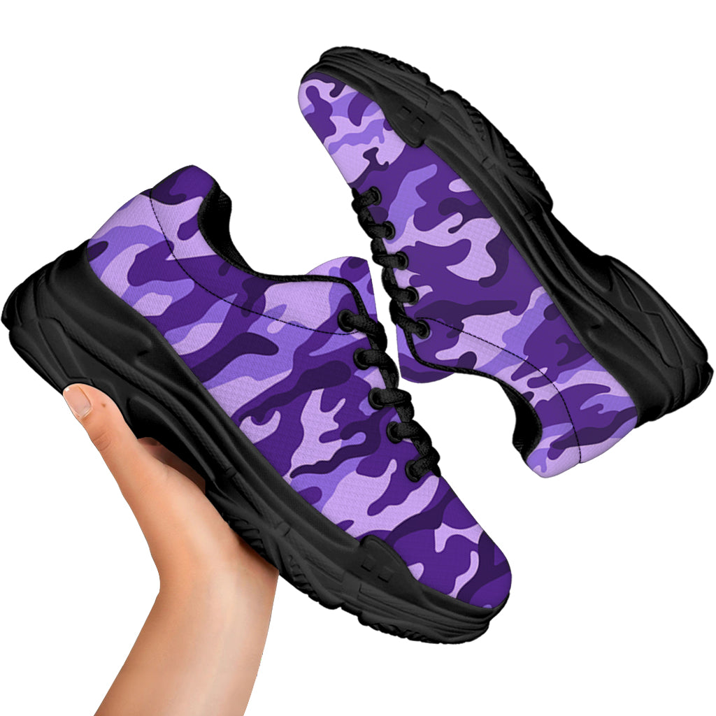 Purple Camouflage Print Black Chunky Shoes