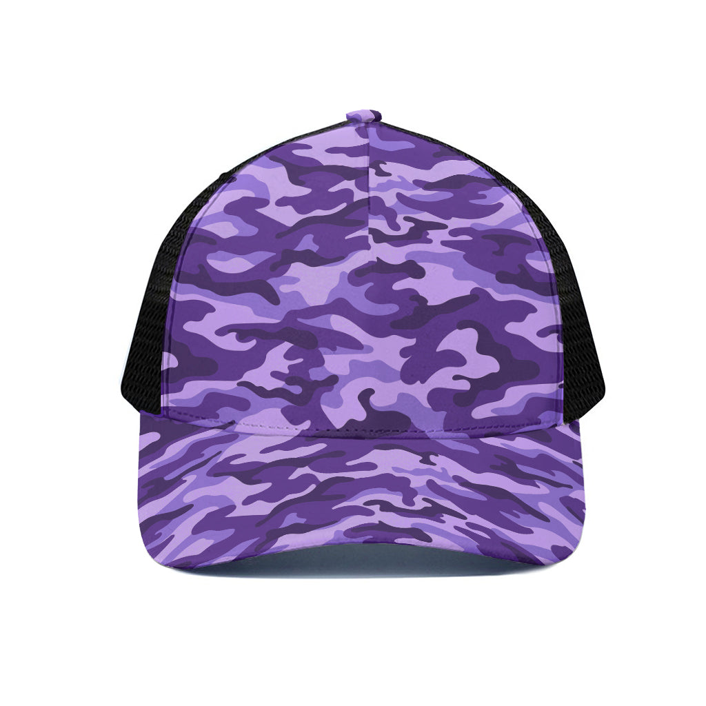 Purple Camouflage Print Black Mesh Trucker Cap